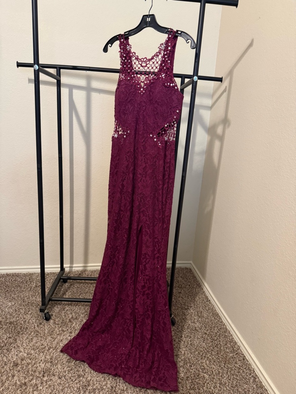 Jodi Kristopher Burgundy Lace Prom Dress